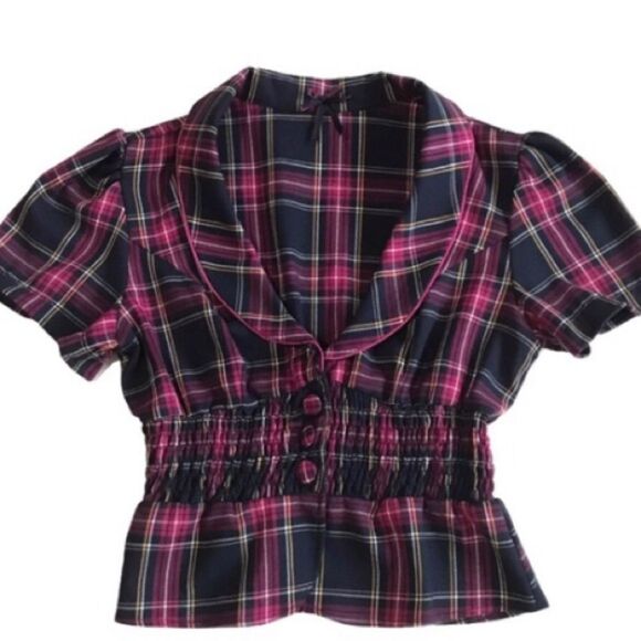 Wet Seal Plaid Three Button Smocked Waist Peplum Preppy Academia Top Sz XL - Picture 13 of 14